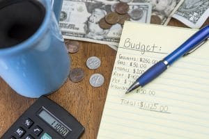 household budget planning workspace with money and calculator